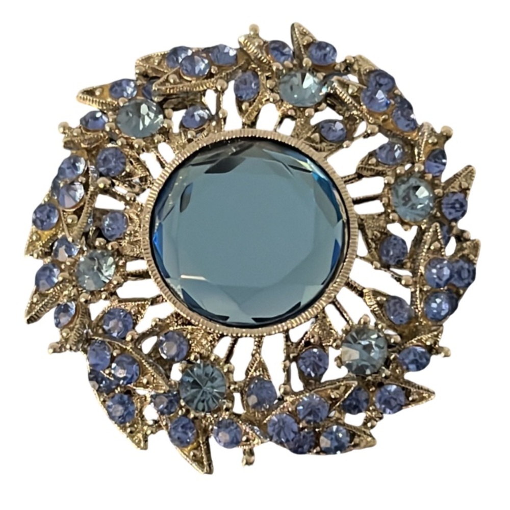 Vintage Large Art Deco Silver Blue Crystal Rhinestone Flower Brooch Pendent